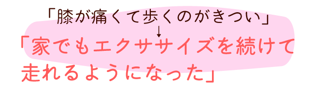 「膝が痛くて歩くのがきつい」→「家でもエクササイズを続けて走れるようになった」